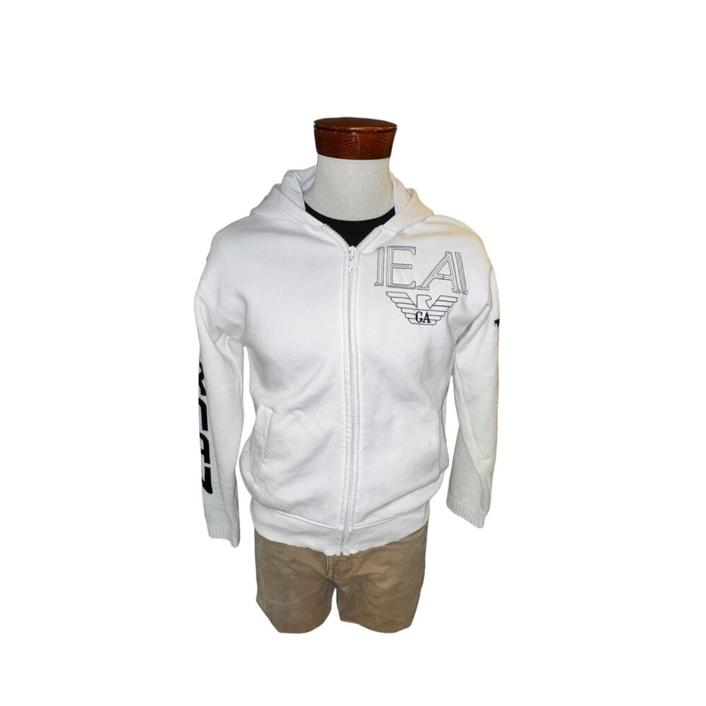 Emporio Armani Mens Size M White Zip Up‎ Hoodie Logo Knit Sleeves